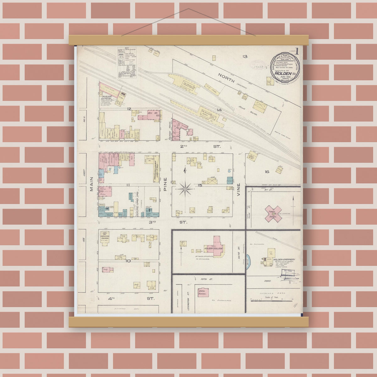 Old map wall art mockup — magnetic wood frame on brick wall — Sanborn Fire Insurance Map from Holden, Johnson County, Missouri (1885), Sheet #0001