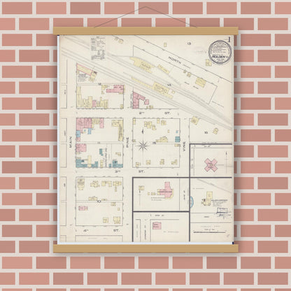 Old map wall art mockup — magnetic wood frame on brick wall — Sanborn Fire Insurance Map from Holden, Johnson County, Missouri (1885), Sheet #0001