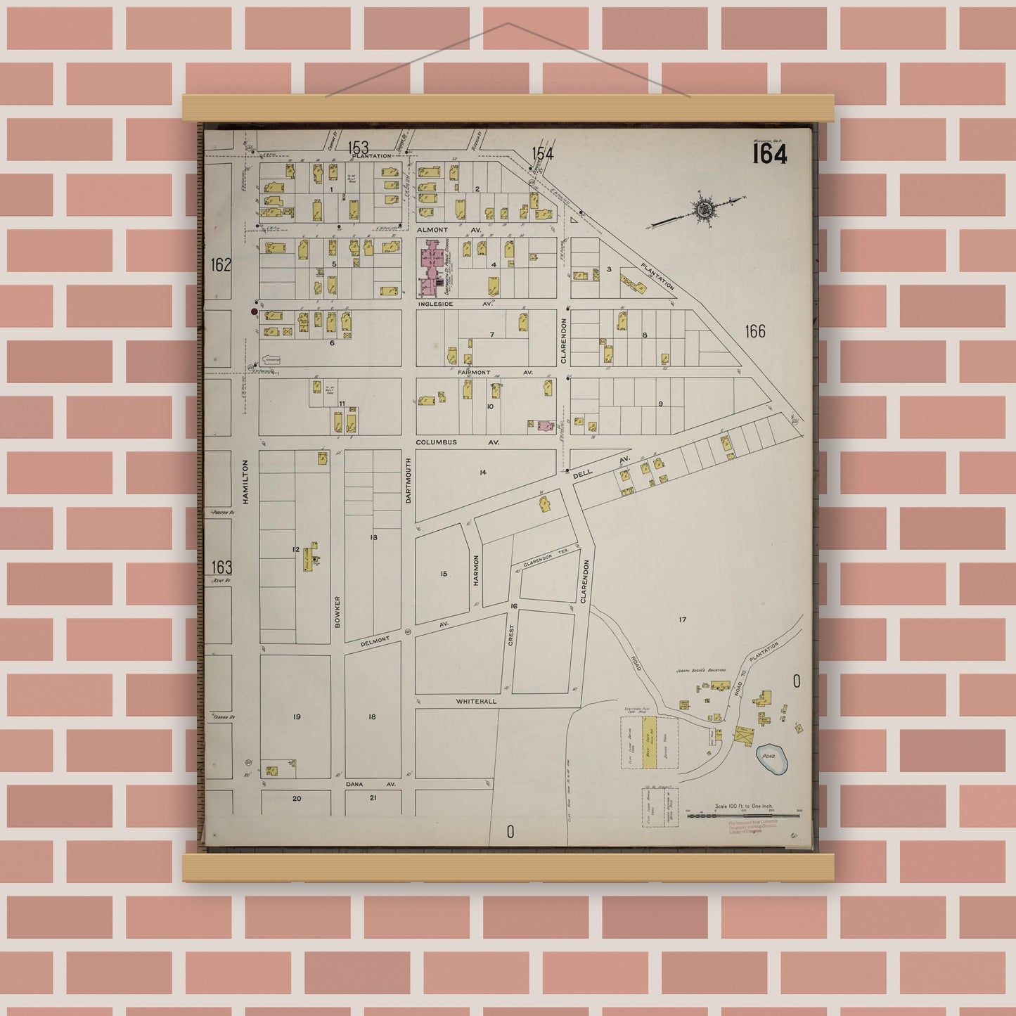 Old map wall art mockup — magnetic wood frame on brick wall — Sanborn Fire Insurance Map from Worcester, Worcester County, Massachusetts (1910), Sheet #0164