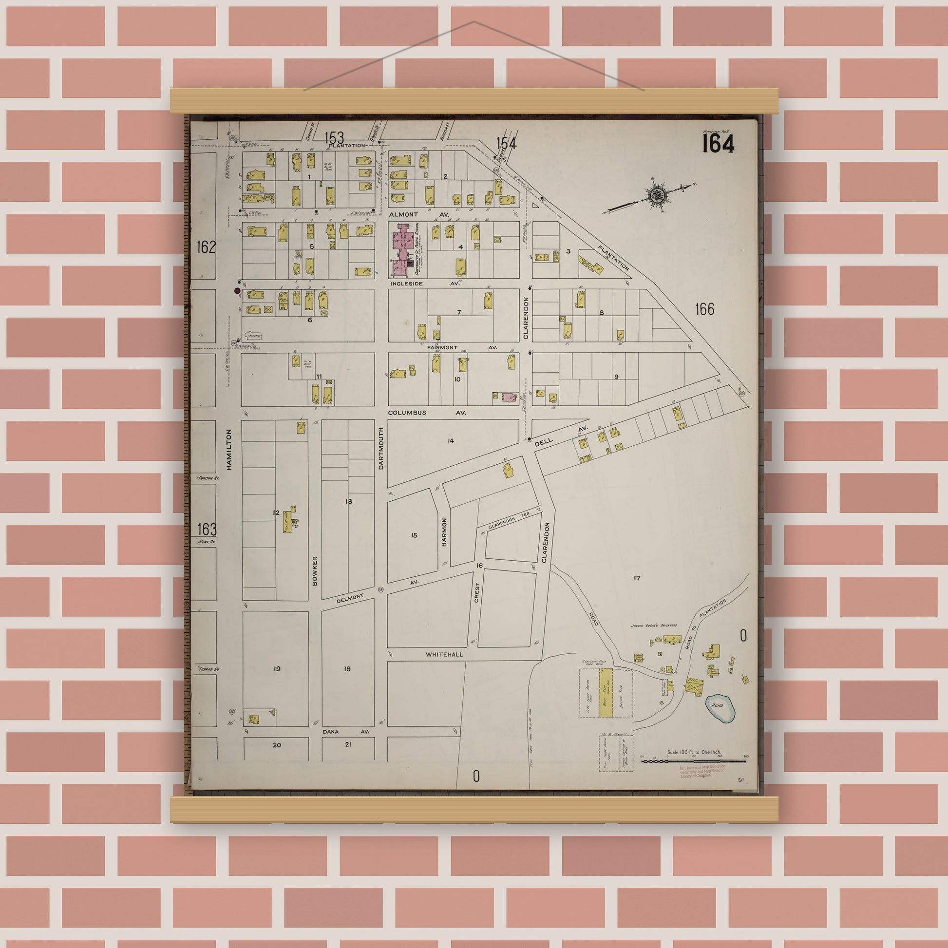Old map wall art mockup — magnetic wood frame on brick wall — Sanborn Fire Insurance Map from Worcester, Worcester County, Massachusetts (1910), Sheet #0164