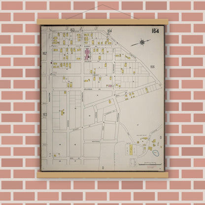 Old map wall art mockup — magnetic wood frame on brick wall — Sanborn Fire Insurance Map from Worcester, Worcester County, Massachusetts (1910), Sheet #0164
