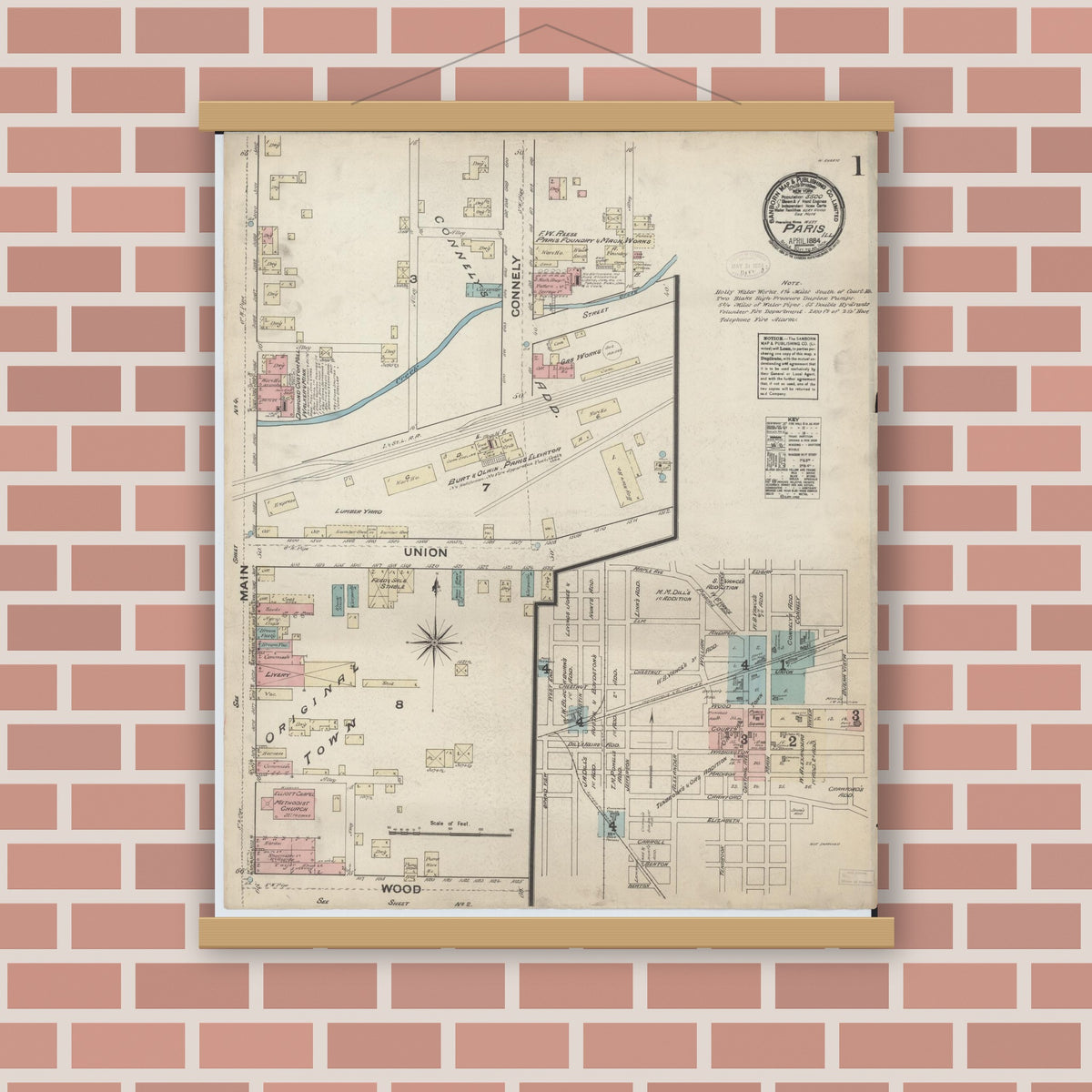 Old map wall art mockup — magnetic wood frame on brick wall — Sanborn Fire Insurance Map from Paris, Edgar County, Illinois (1884) - Complete Map Set