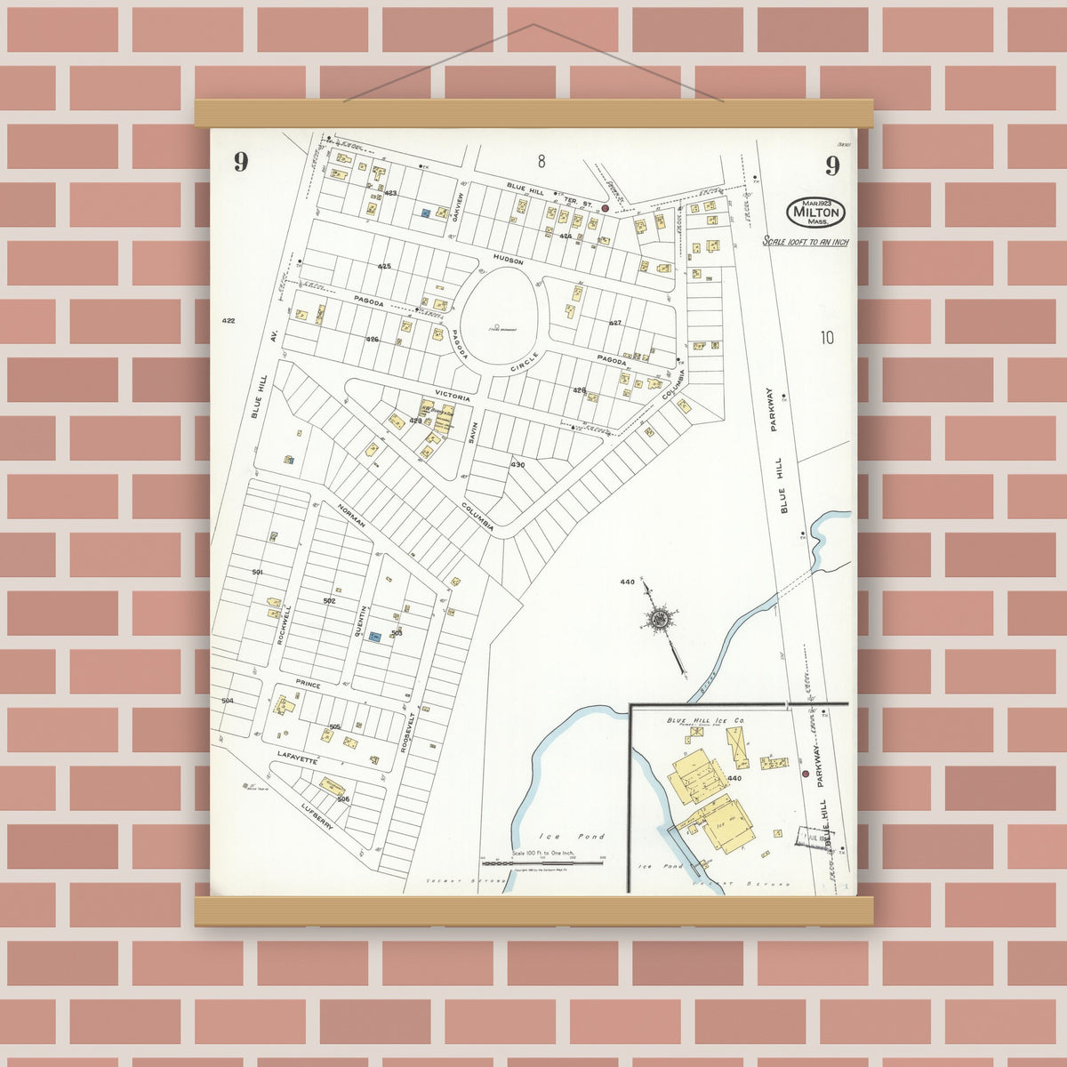 Old map wall art mockup — magnetic wood frame on brick wall — Sanborn Fire Insurance Map from Milton, Norfolk County, Massachusetts (1923), Sheet #0009