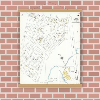 Old map wall art mockup — magnetic wood frame on brick wall — Sanborn Fire Insurance Map from Milton, Norfolk County, Massachusetts (1923), Sheet #0009