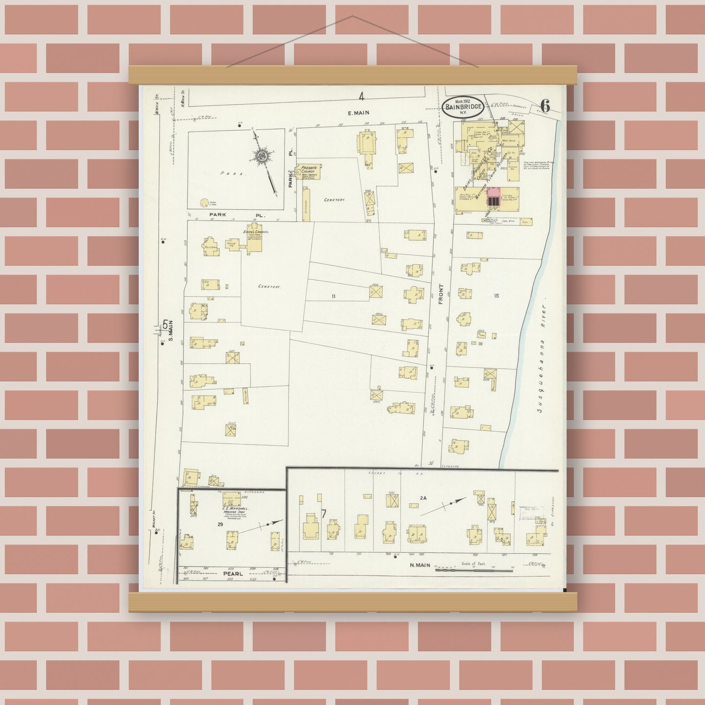 Old map wall art mockup — magnetic wood frame on brick wall — Sanborn Fire Insurance Map from Bainbridge, Chenango County, New York (1912), Sheet #0006