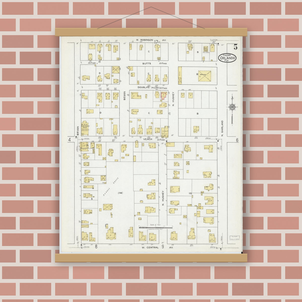 Old map wall art mockup — magnetic wood frame on brick wall — Sanborn Fire Insurance Map from Orlando, Orange County, Florida (1919), Sheet #0005