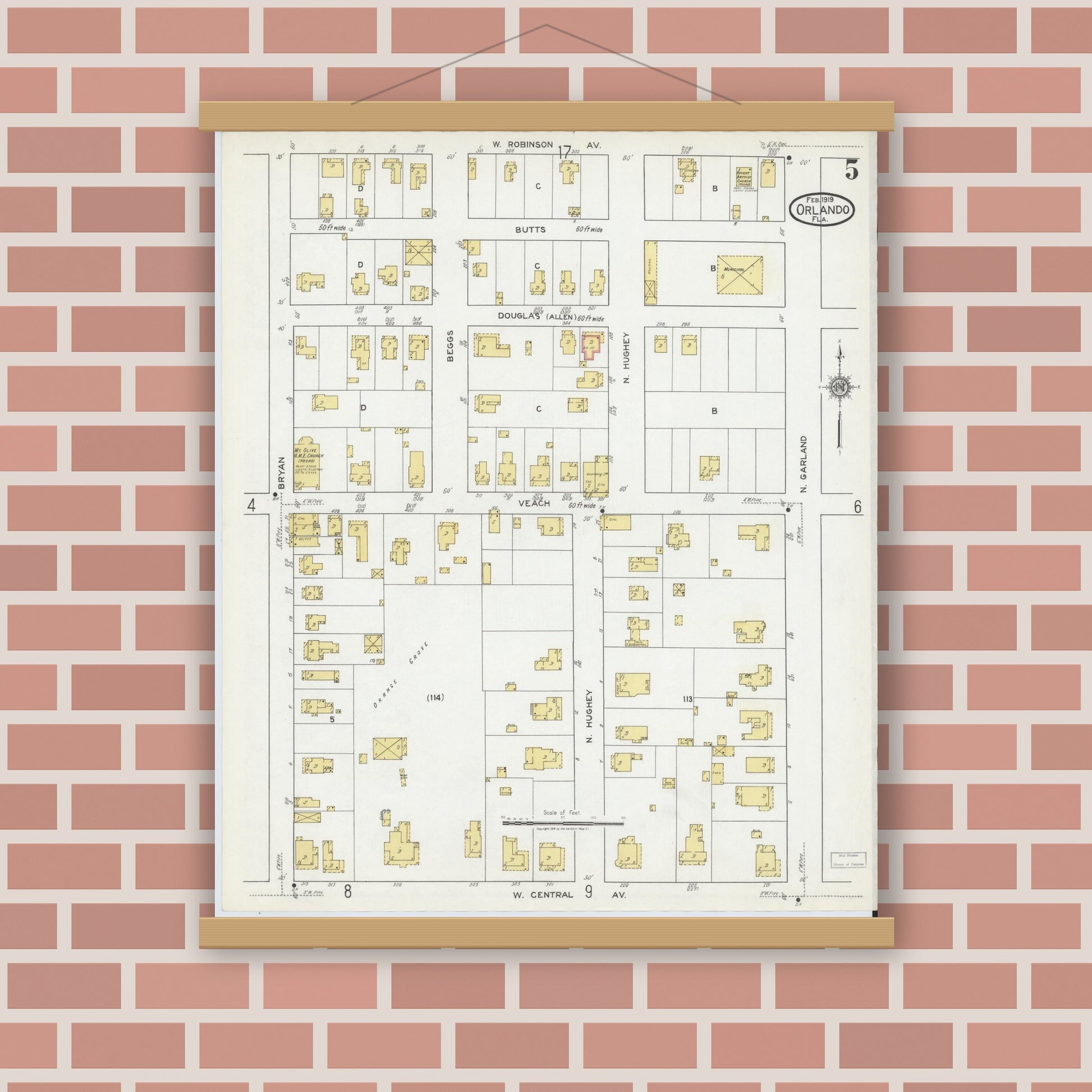 Old map wall art mockup — magnetic wood frame on brick wall — Sanborn Fire Insurance Map from Orlando, Orange County, Florida (1919), Sheet #0005