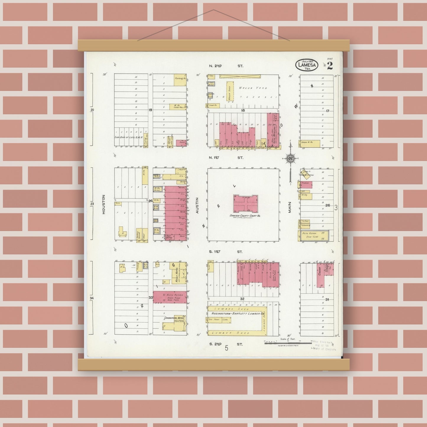Old map wall art mockup — magnetic wood frame on brick wall — Sanborn Fire Insurance Map from Lamesa, Dawson County, Texas (1921), Sheet #0002