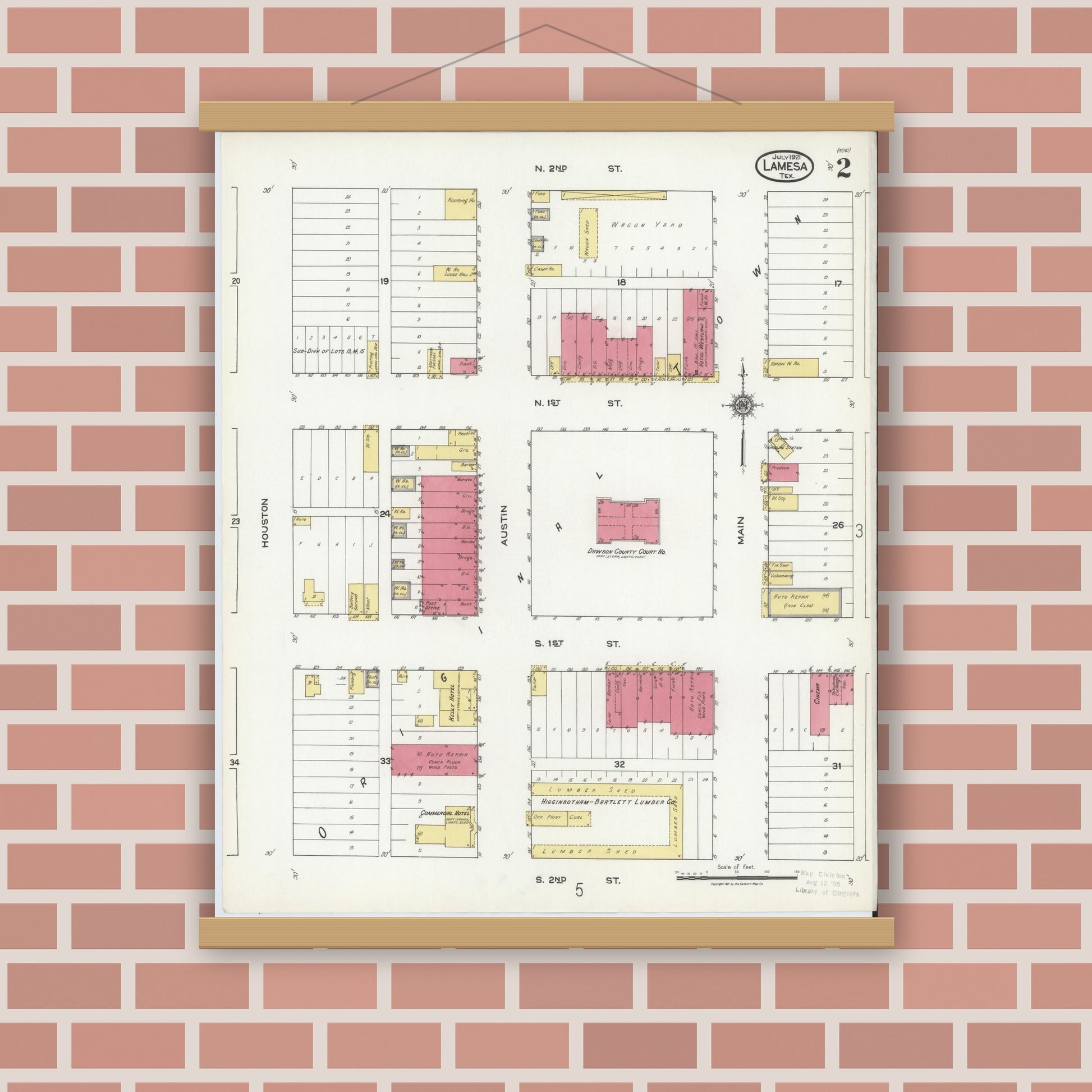 Old map wall art mockup — magnetic wood frame on brick wall — Sanborn Fire Insurance Map from Lamesa, Dawson County, Texas (1921), Sheet #0002