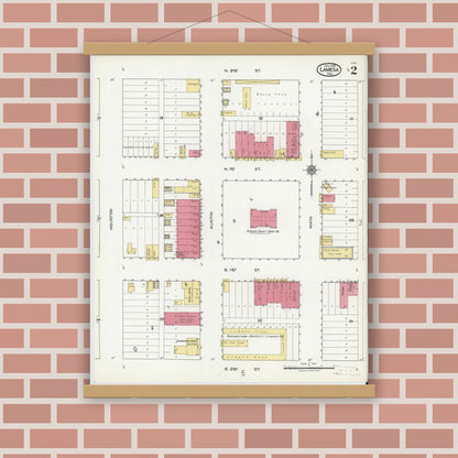 Old map wall art mockup — magnetic wood frame on brick wall — Sanborn Fire Insurance Map from Lamesa, Dawson County, Texas (1921), Sheet #0002
