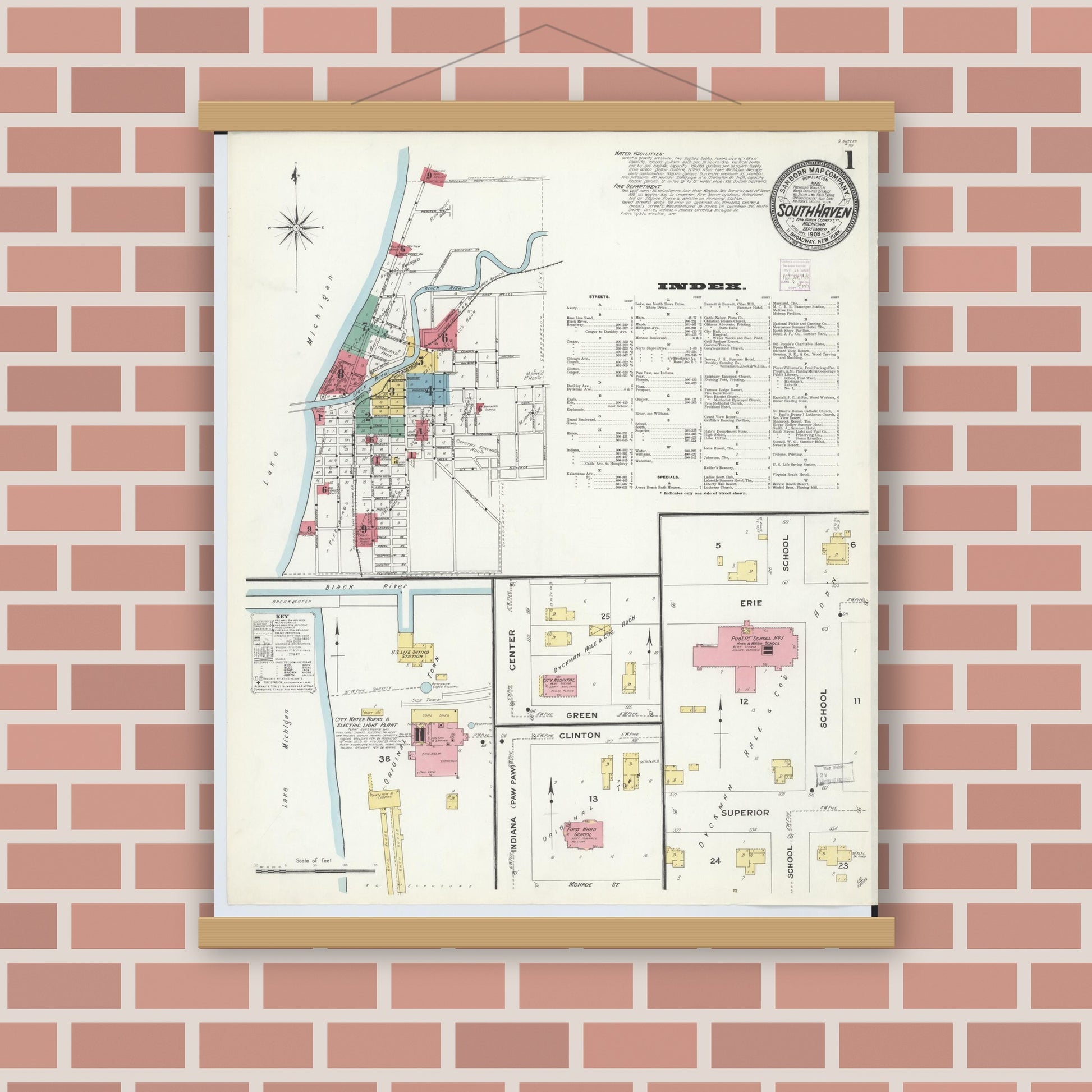 Old map wall art mockup — magnetic wood frame on brick wall — Sanborn Fire Insurance Map from South Haven, Van Buren County, Michigan (1908), Sheet #0001