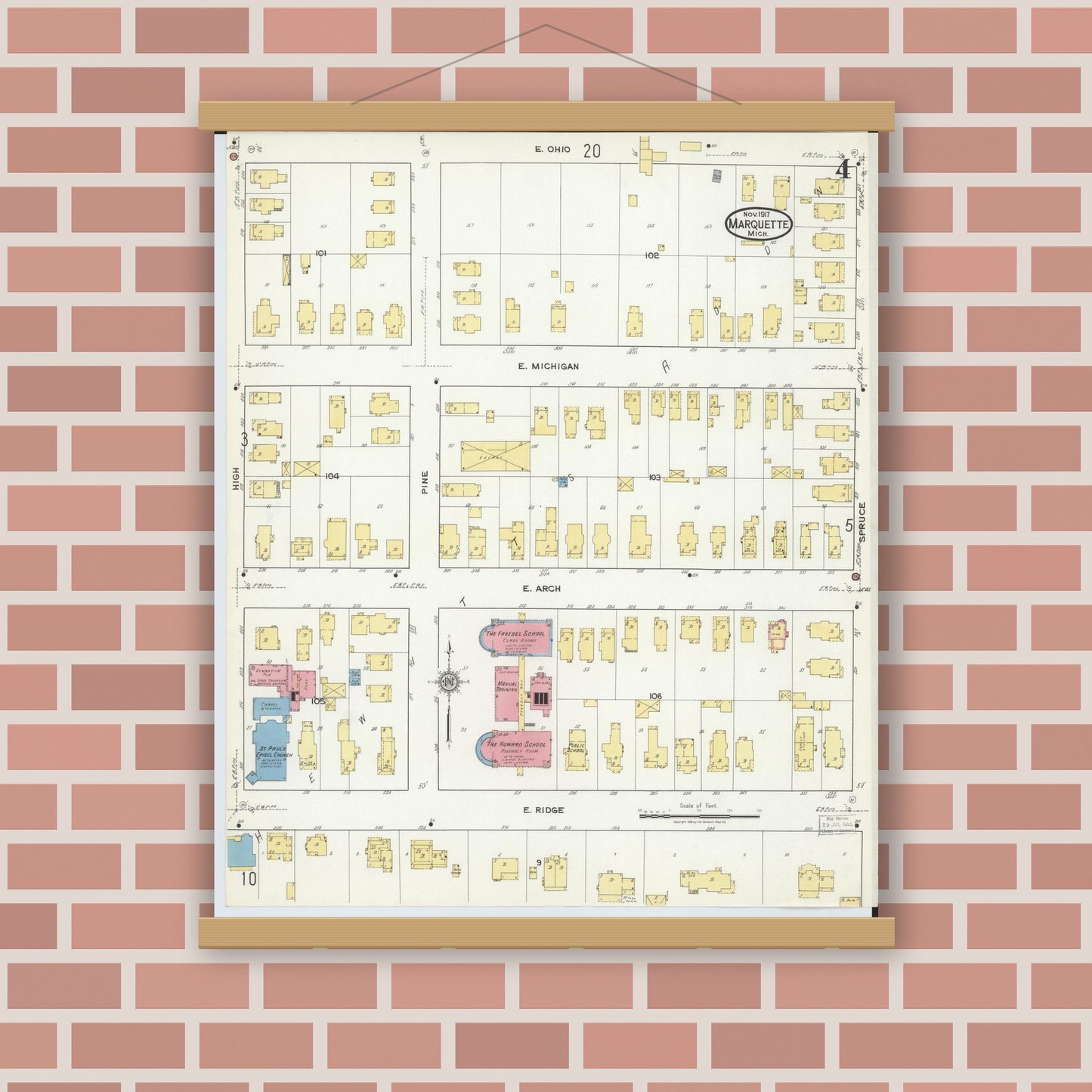 Old map wall art mockup — magnetic wood frame on brick wall — Sanborn Fire Insurance Map from Marquette, Marquette County, Michigan (1917), Sheet #0004