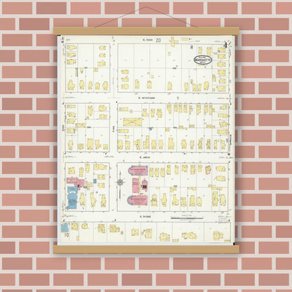 Old map wall art mockup — magnetic wood frame on brick wall — Sanborn Fire Insurance Map from Marquette, Marquette County, Michigan (1917), Sheet #0004
