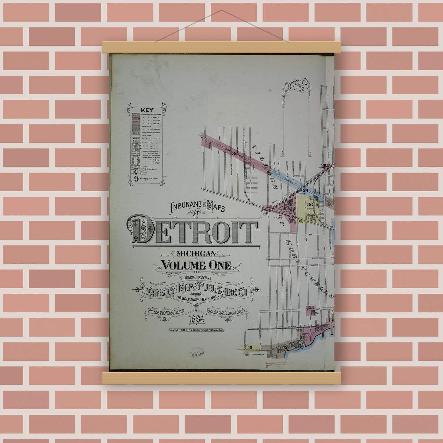 Old map wall art mockup — magnetic wood frame on brick wall — Sanborn Fire Insurance Map from Detroit, Wayne County, Michigan (1884), Sheet #0001