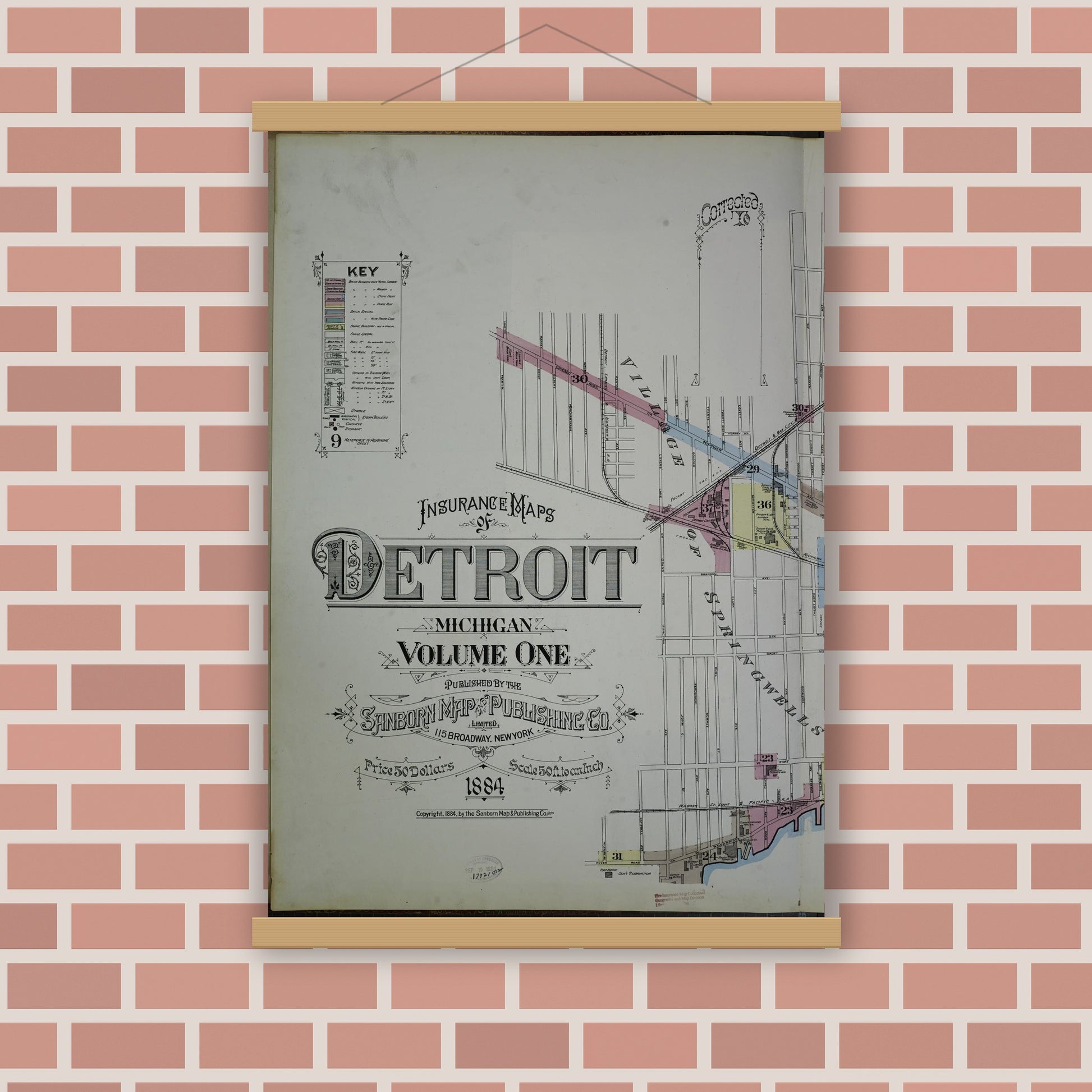 Old map wall art mockup — magnetic wood frame on brick wall — Sanborn Fire Insurance Map from Detroit, Wayne County, Michigan (1884), Sheet #0001
