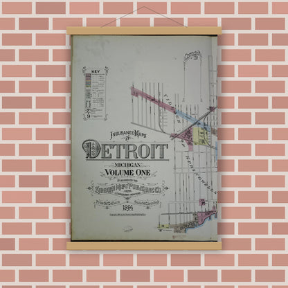 Old map wall art mockup — magnetic wood frame on brick wall — Sanborn Fire Insurance Map from Detroit, Wayne County, Michigan (1884), Sheet #0001