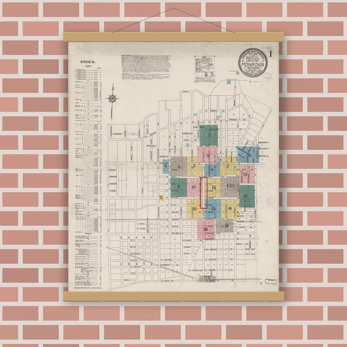 Old map wall art mockup — magnetic wood frame on brick wall — Sanborn Fire Insurance Map from Monrovia, Los Angeles County, California (1913) - Complete Map Set