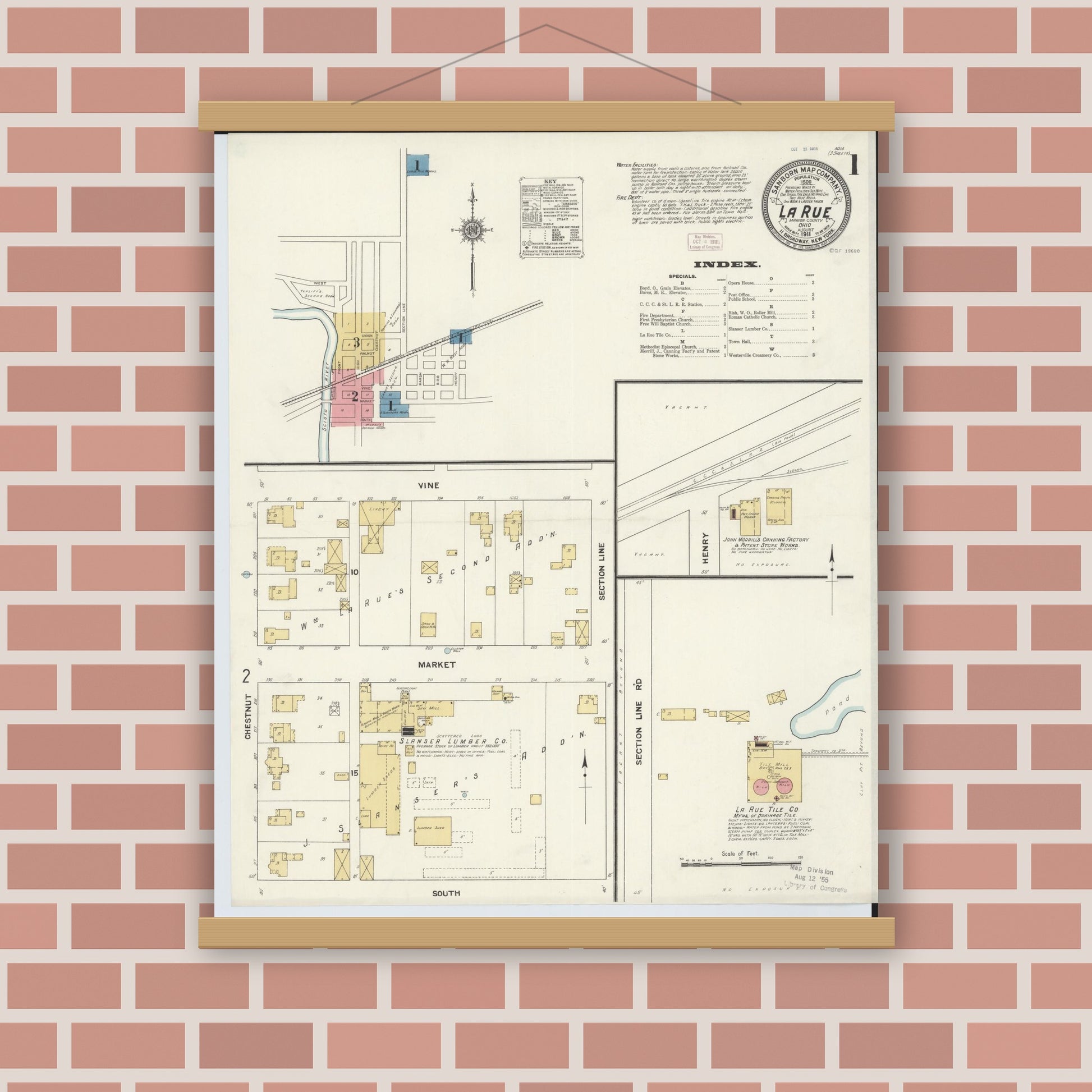 Old map wall art mockup — magnetic wood frame on brick wall — Sanborn Fire Insurance Map from La Rue, Marion County, Ohio (1911) - Complete Map Set