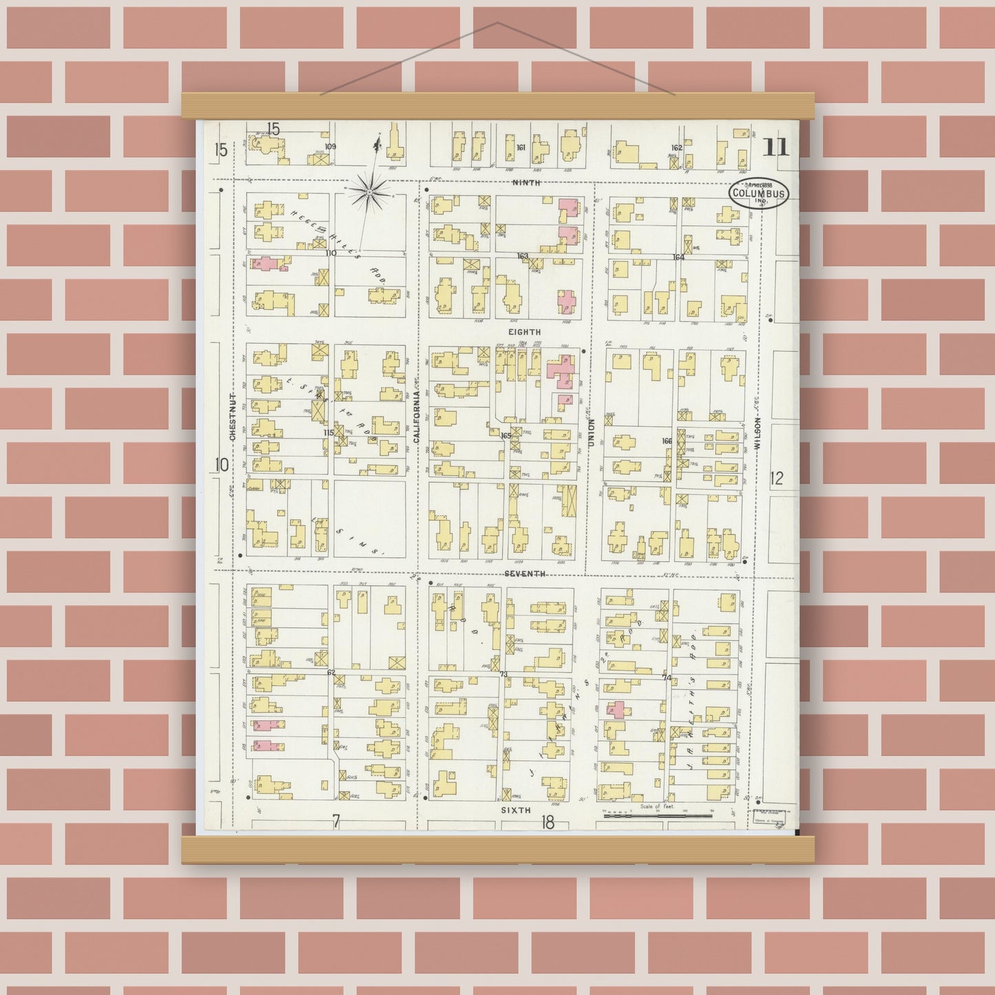 Old map wall art mockup — magnetic wood frame on brick wall — Sanborn Fire Insurance Map from Columbus, Bartholomew County, Indiana (1898), Sheet #0011