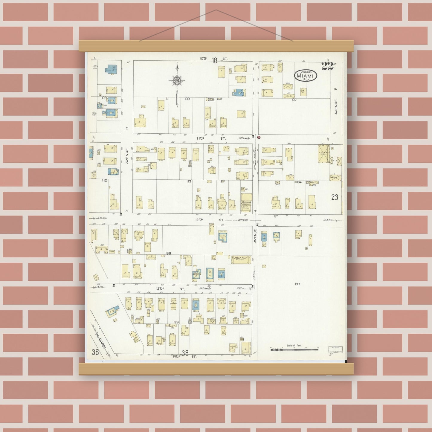 Old map wall art mockup — magnetic wood frame on brick wall — Sanborn Fire Insurance Map from Miami, Dade County, Florida (1914), Sheet #0022