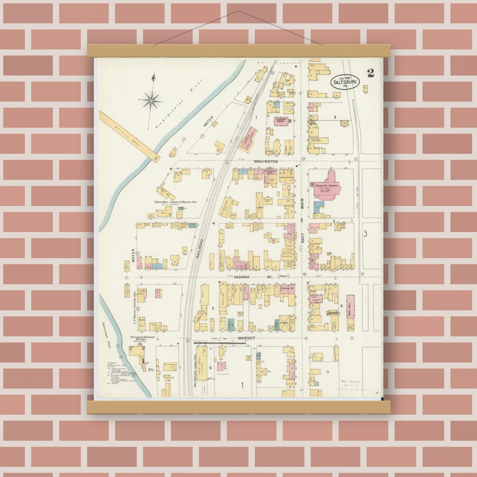 Old map wall art mockup — magnetic wood frame on brick wall — Sanborn Fire Insurance Map from Saltsburg, Indiana County, Pennsylvania (1903), Sheet #0002