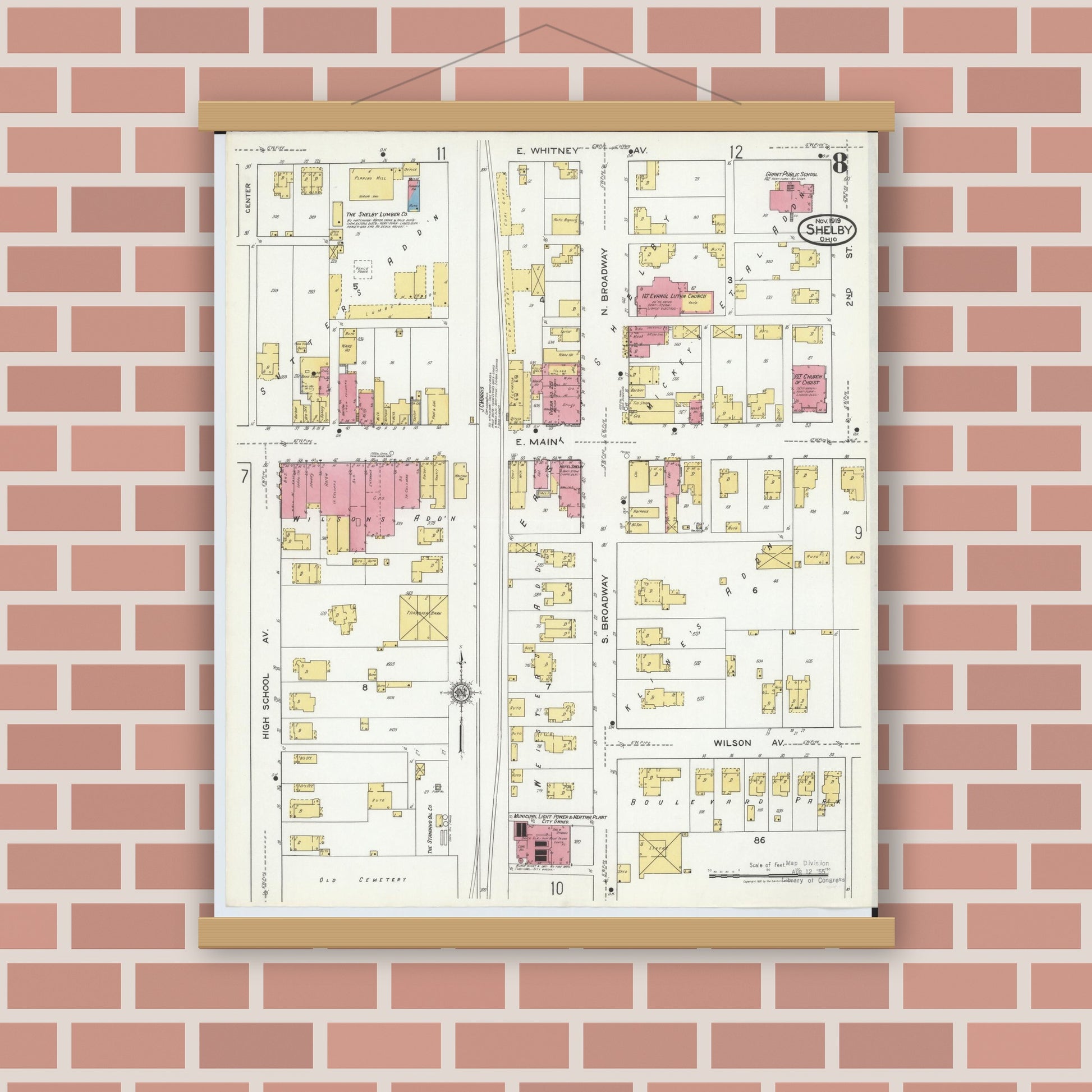 Old map wall art mockup — magnetic wood frame on brick wall — Sanborn Fire Insurance Map from Shelby, Richland County, Ohio (1919), Sheet #0008