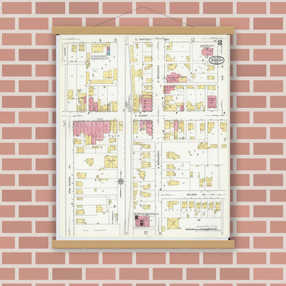 Old map wall art mockup — magnetic wood frame on brick wall — Sanborn Fire Insurance Map from Shelby, Richland County, Ohio (1919), Sheet #0008