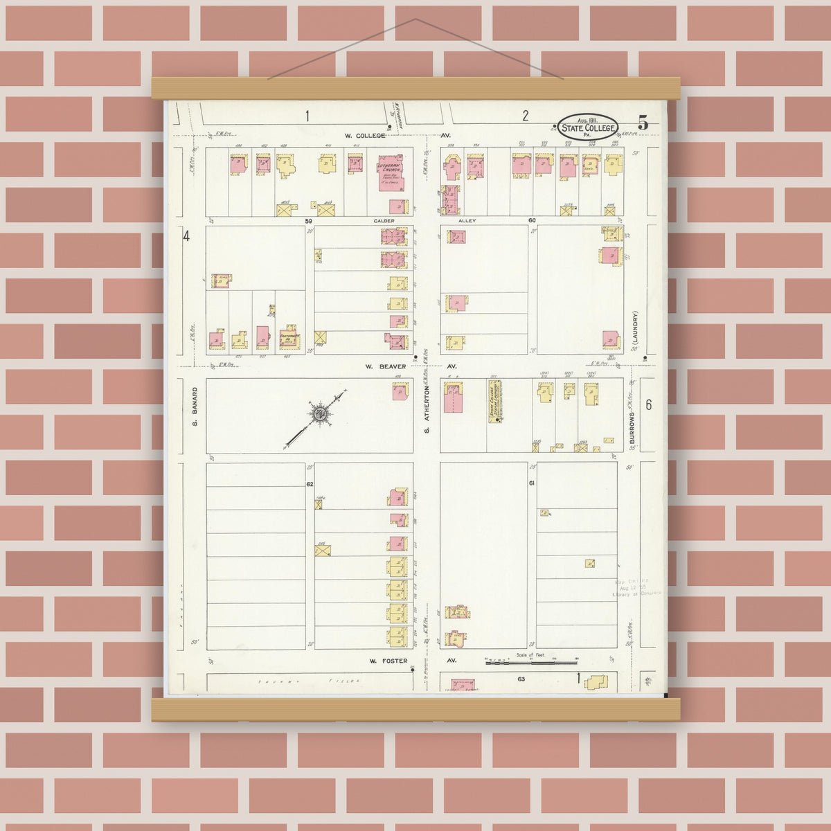 Old map wall art mockup — magnetic wood frame on brick wall — Sanborn Fire Insurance Map from State College, Centre County, Pennsylvania (1911), Sheet #0005