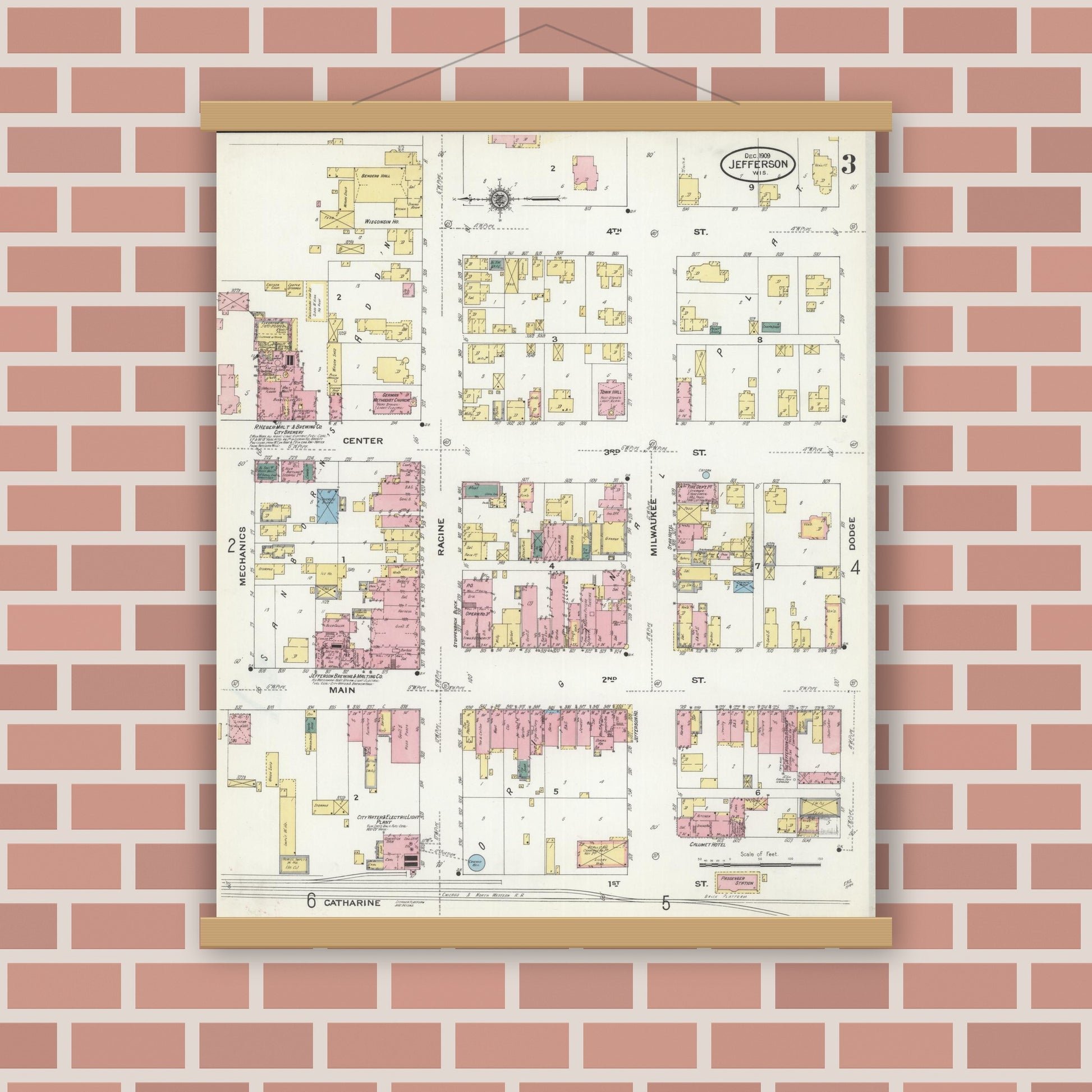 Old map wall art mockup — magnetic wood frame on brick wall — Sanborn Fire Insurance Map from Jefferson, Jefferson County, Wisconsin (1909), Sheet #0003