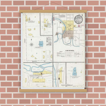 Old map wall art mockup — magnetic wood frame on brick wall — Sanborn Fire Insurance Map from Berea, Cuyahoga County, Ohio (1893), Sheet #0001