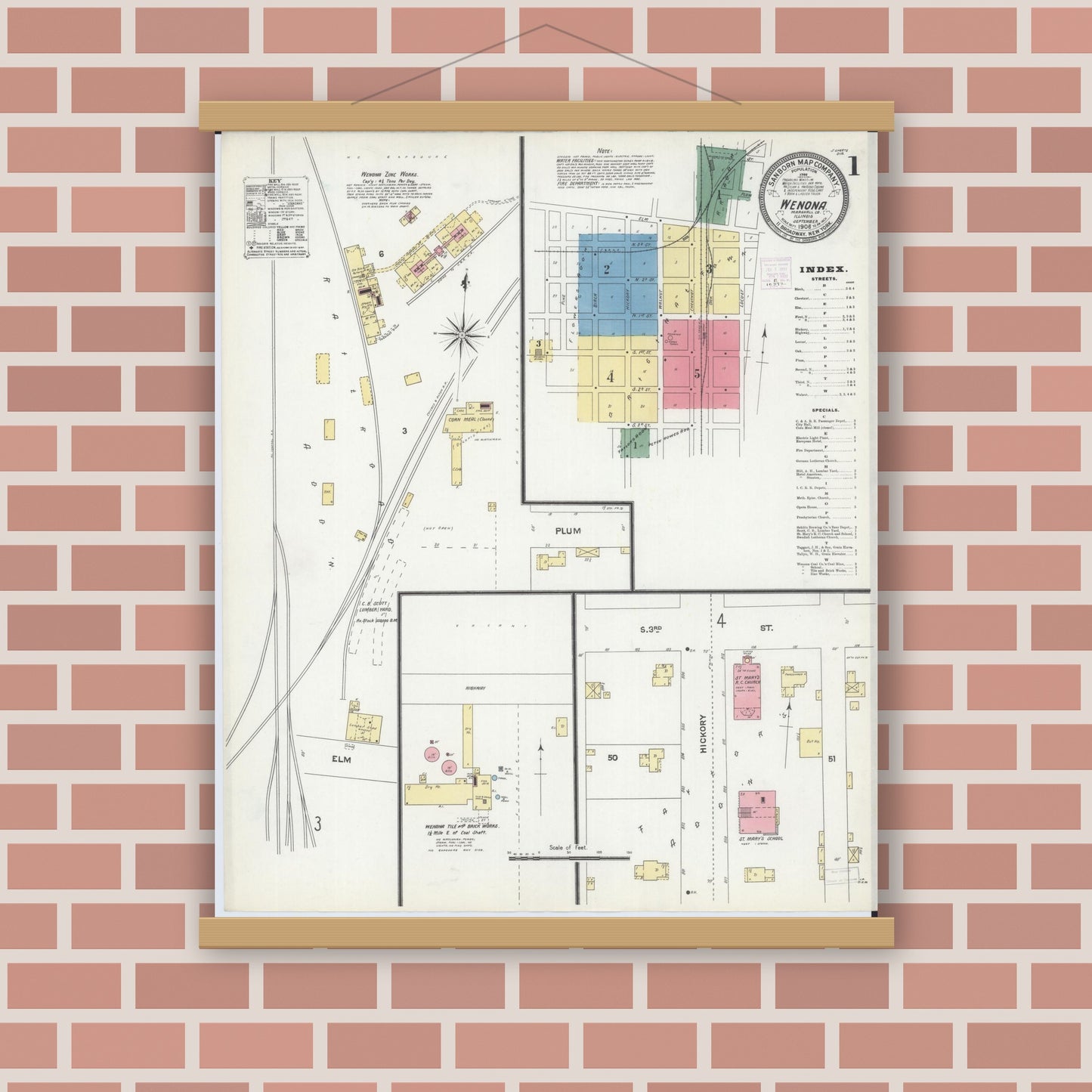 Old map wall art mockup — magnetic wood frame on brick wall — Sanborn Fire Insurance Map from Wenona, Marshall County, Illinois (1906) - Complete Map Set