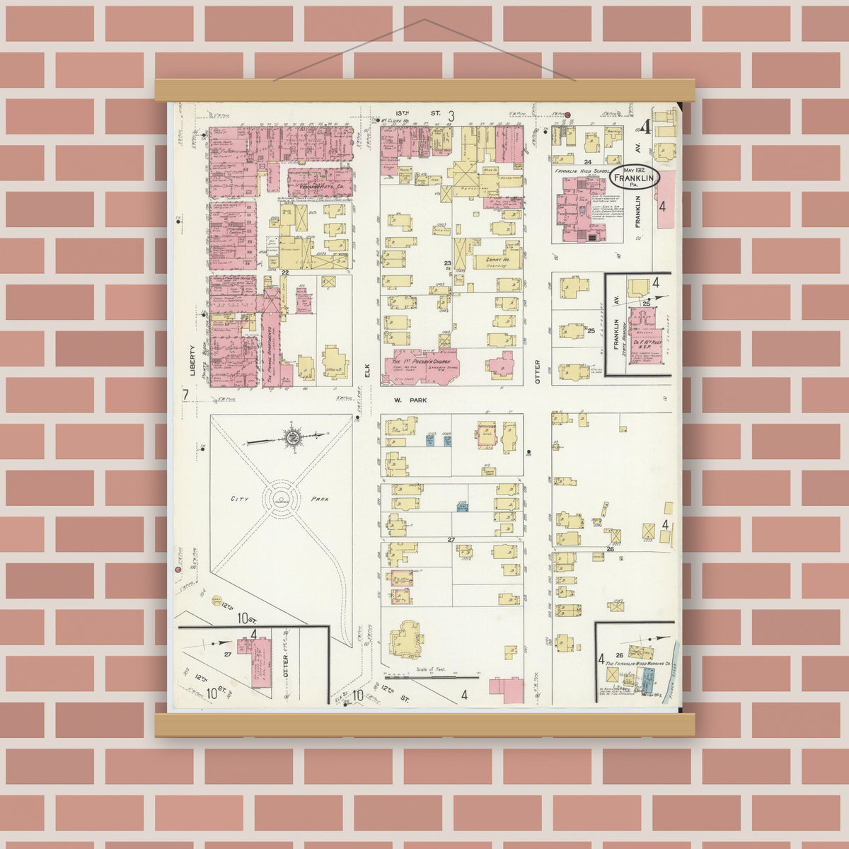 Old map wall art mockup — magnetic wood frame on brick wall — Sanborn Fire Insurance Map from Franklin, Venango County, Pennsylvania (1912), Sheet #0004