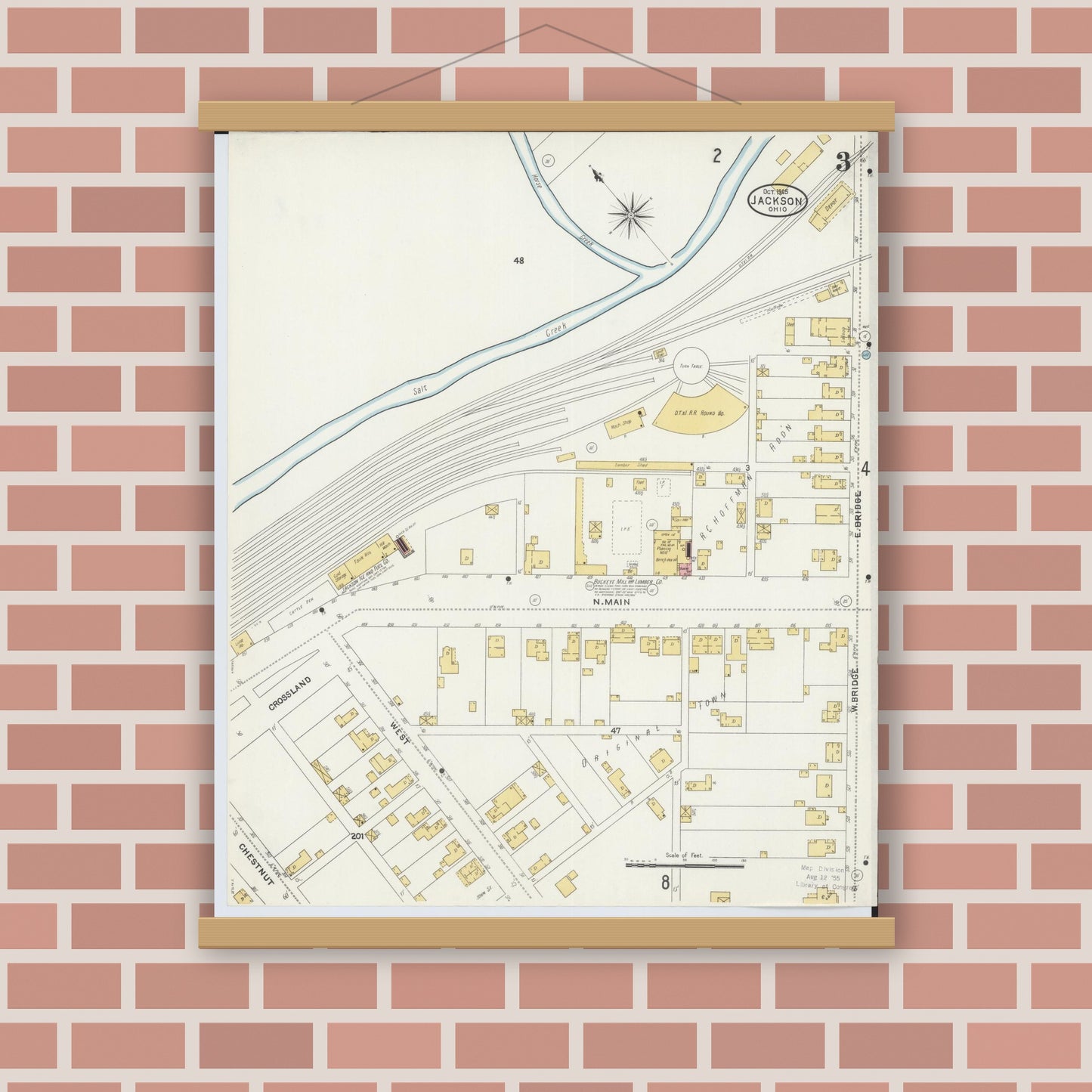Old map wall art mockup — magnetic wood frame on brick wall — Sanborn Fire Insurance Map from Jackson, Jackson County, Ohio (1905), Sheet #0003