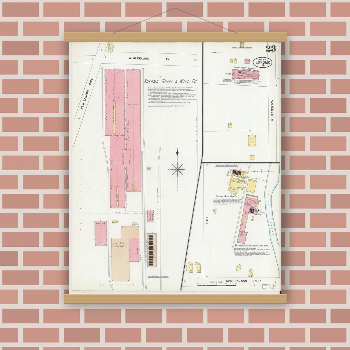 Old map wall art mockup — magnetic wood frame on brick wall — Sanborn Fire Insurance Map from Kokomo, Howard County, Indiana (1902), Sheet #0023