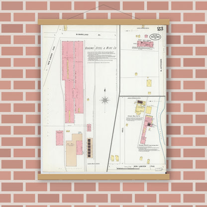 Old map wall art mockup — magnetic wood frame on brick wall — Sanborn Fire Insurance Map from Kokomo, Howard County, Indiana (1902), Sheet #0023