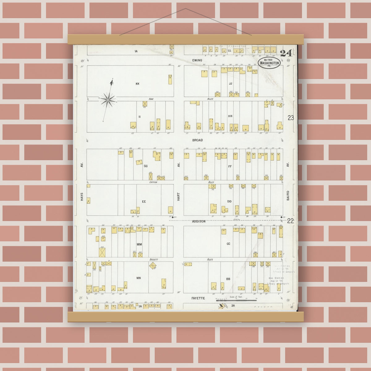 Old map wall art mockup — magnetic wood frame on brick wall — Sanborn Fire Insurance Map from Washington, Washington County, Pennsylvania (1900), Sheet #0024