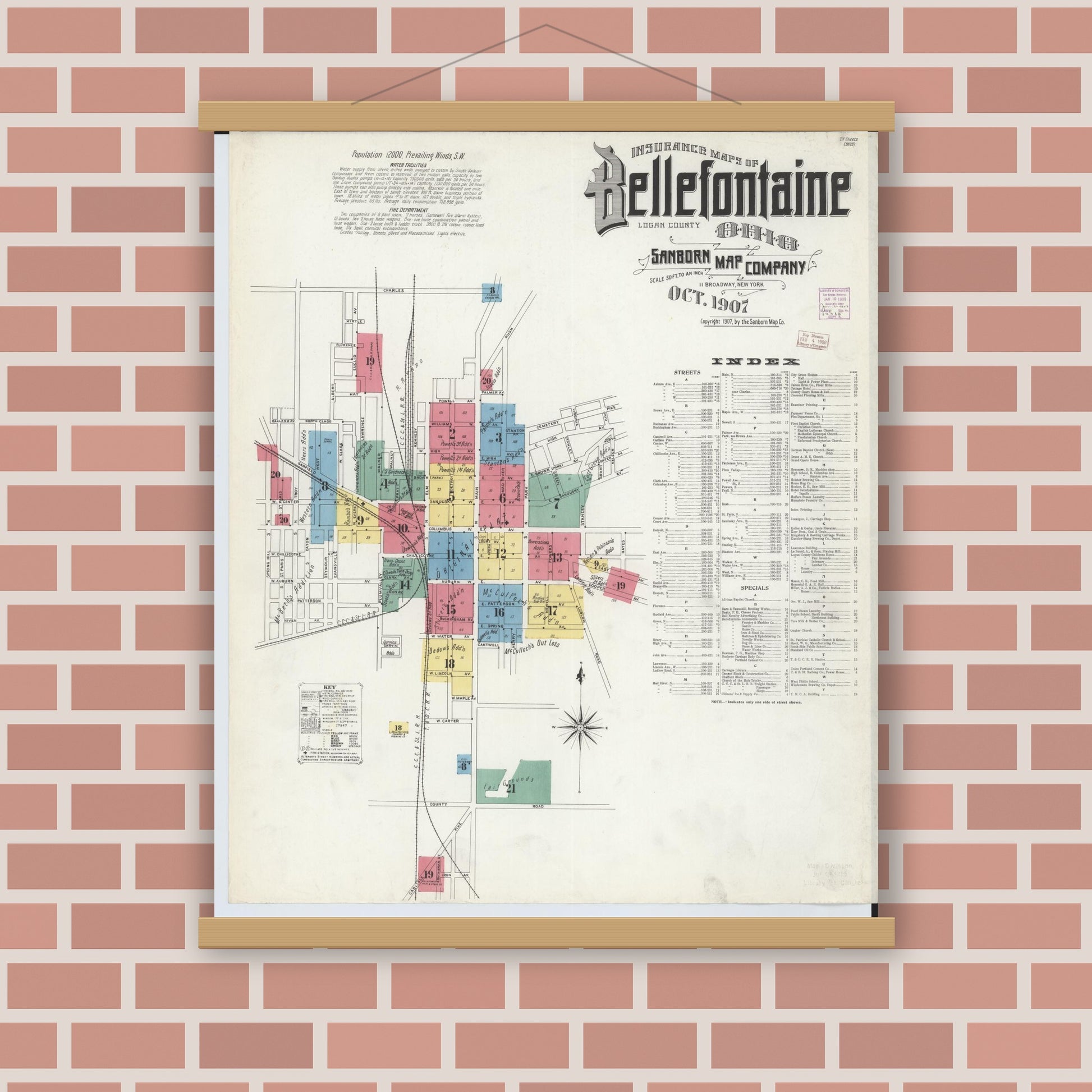 Old map wall art mockup — magnetic wood frame on brick wall — Sanborn Fire Insurance Map from Bellefontaine, Logan County, Ohio (1907), Sheet #0001