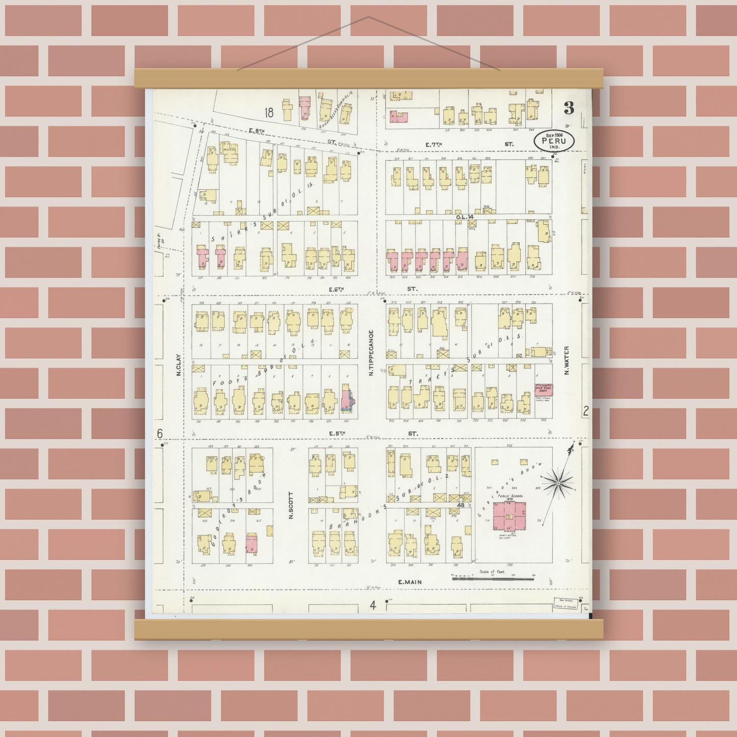 Old map wall art mockup — magnetic wood frame on brick wall — Sanborn Fire Insurance Map from Peru, Miami County, Indiana (1906), Sheet #0003
