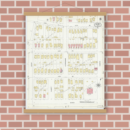 Old map wall art mockup — magnetic wood frame on brick wall — Sanborn Fire Insurance Map from Peru, Miami County, Indiana (1906), Sheet #0003
