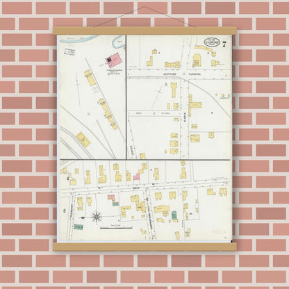 Old map wall art mockup — magnetic wood frame on brick wall — Sanborn Fire Insurance Map from Uxbridge, Worcester County, Massachusetts (1903), Sheet #0007