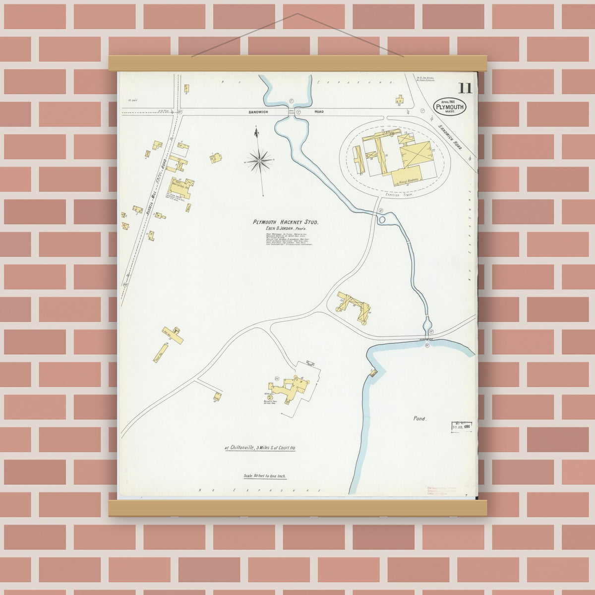 Old map wall art mockup — magnetic wood frame on brick wall — Sanborn Fire Insurance Map from Plymouth, Plymouth County, Massachusetts (1901), Sheet #0011