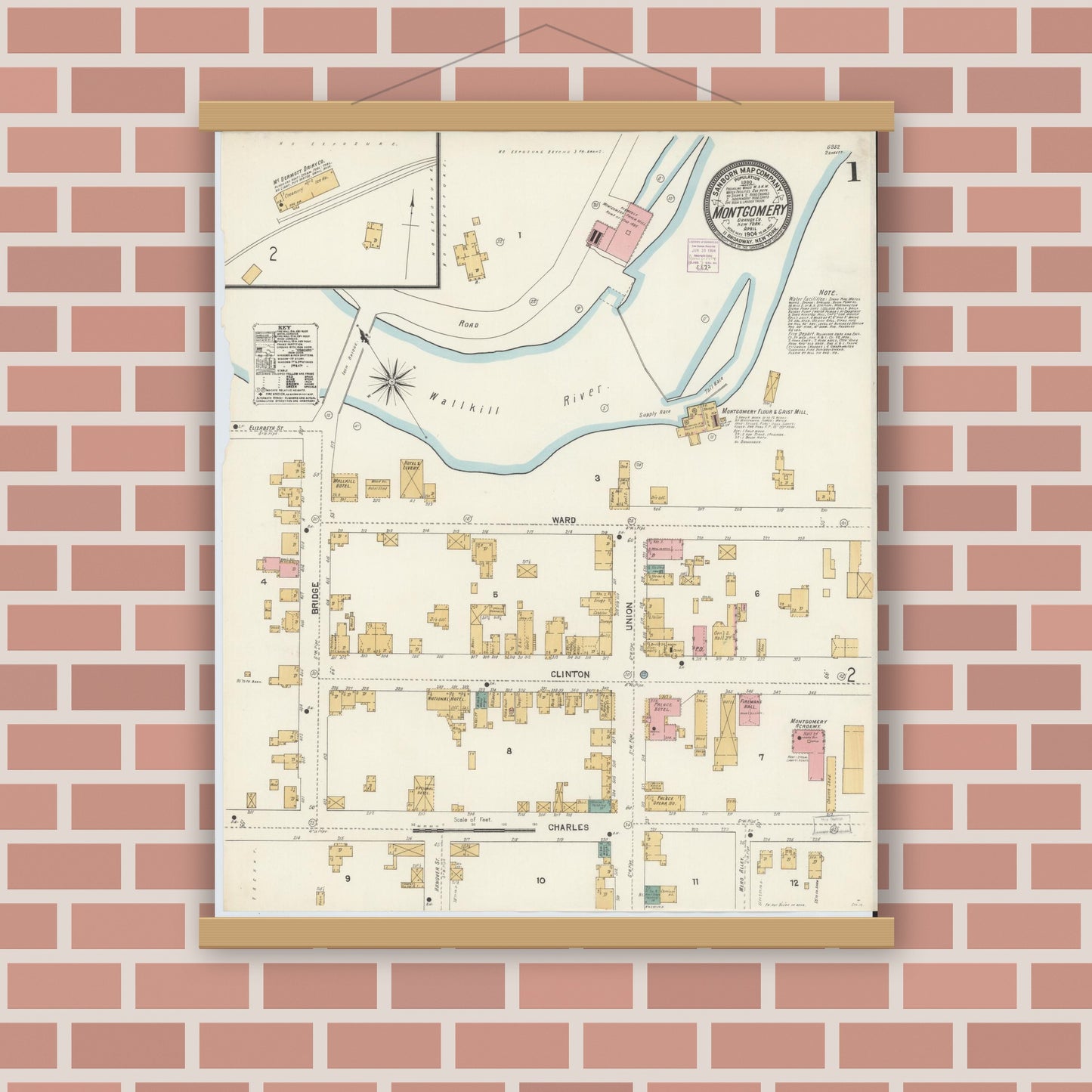 Old map wall art mockup — magnetic wood frame on brick wall — Sanborn Fire Insurance Map from Montgomery, Orange County, New York (1904), Sheet #0001