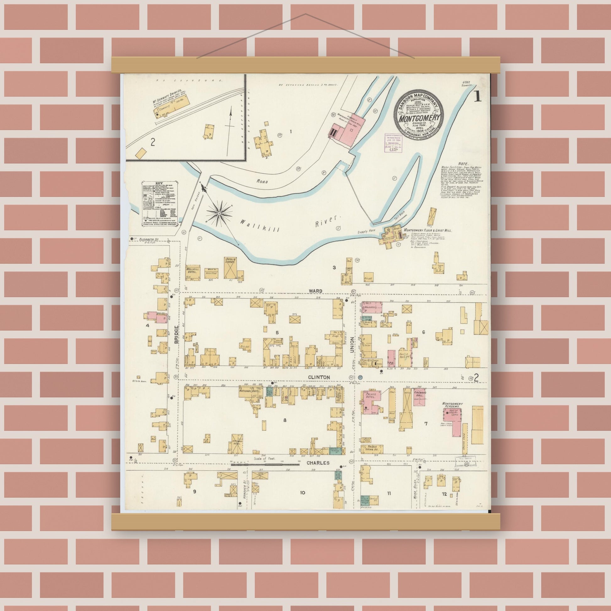 Old map wall art mockup — magnetic wood frame on brick wall — Sanborn Fire Insurance Map from Montgomery, Orange County, New York (1904), Sheet #0001