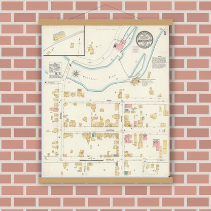Old map wall art mockup — magnetic wood frame on brick wall — Sanborn Fire Insurance Map from Montgomery, Orange County, New York (1904), Sheet #0001