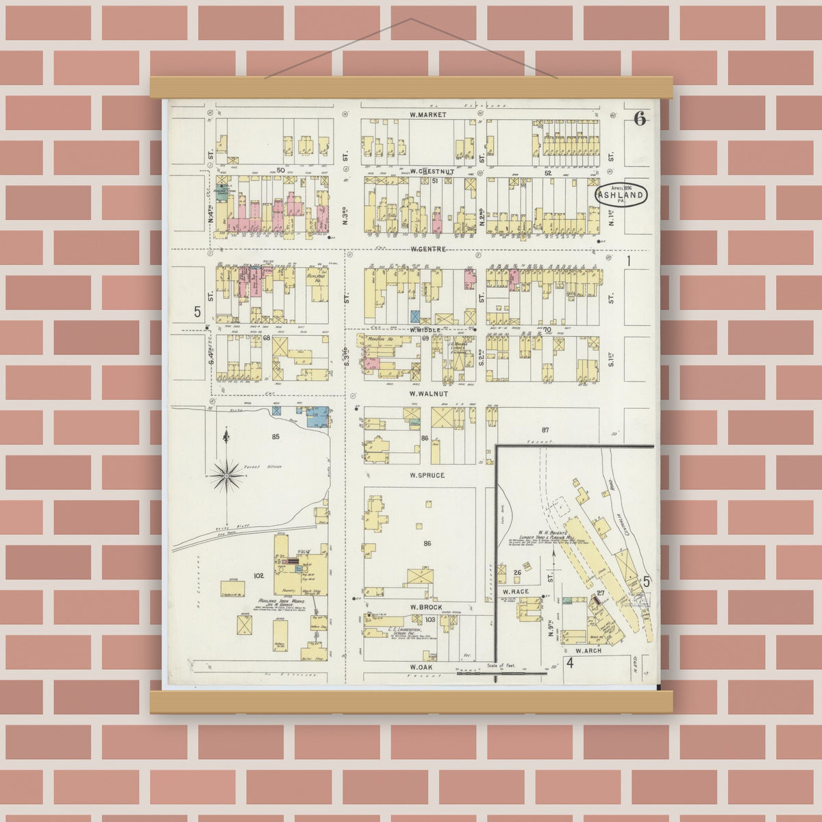 Old map wall art mockup — magnetic wood frame on brick wall — Sanborn Fire Insurance Map from Ashland, Schuylkill County, Pennsylvania (1896), Sheet #0006