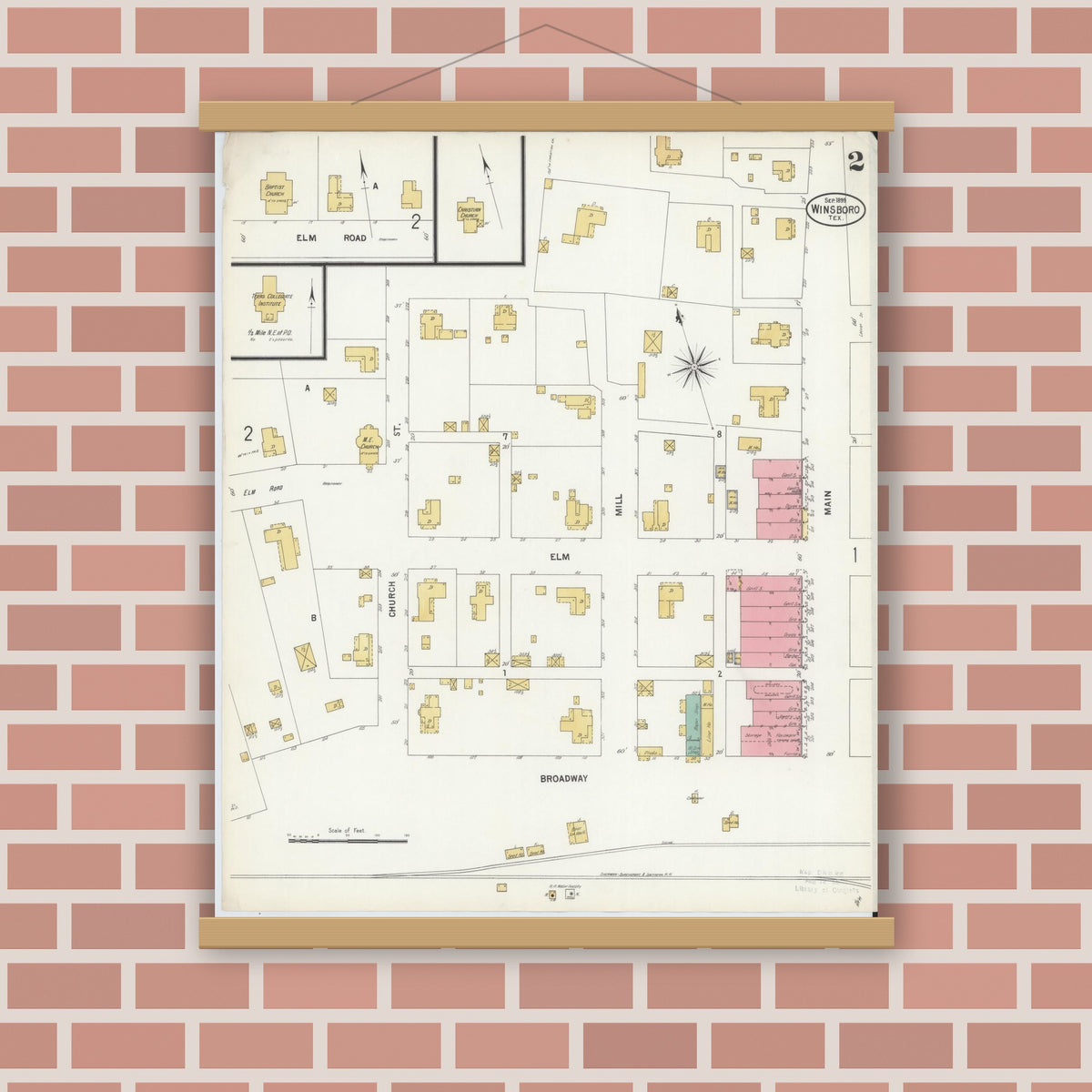 Old map wall art mockup — magnetic wood frame on brick wall — Sanborn Fire Insurance Map from Winnsboro, Wood County, Texas (1899), Sheet #0002