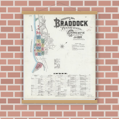 Old map wall art mockup — magnetic wood frame on brick wall — Sanborn Fire Insurance Map from Braddock, Allegheny County, Pennsylvania (1896), Sheet #0001