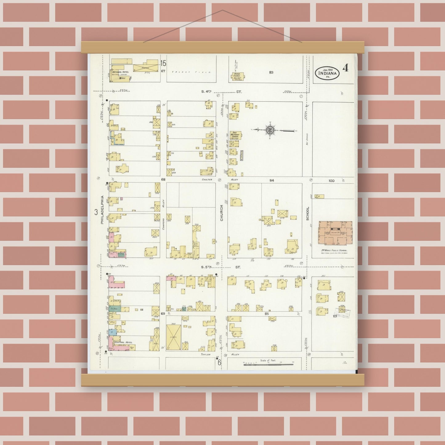 Old map wall art mockup — magnetic wood frame on brick wall — Sanborn Fire Insurance Map from Indiana, Indiana County, Pennsylvania (1910), Sheet #0004