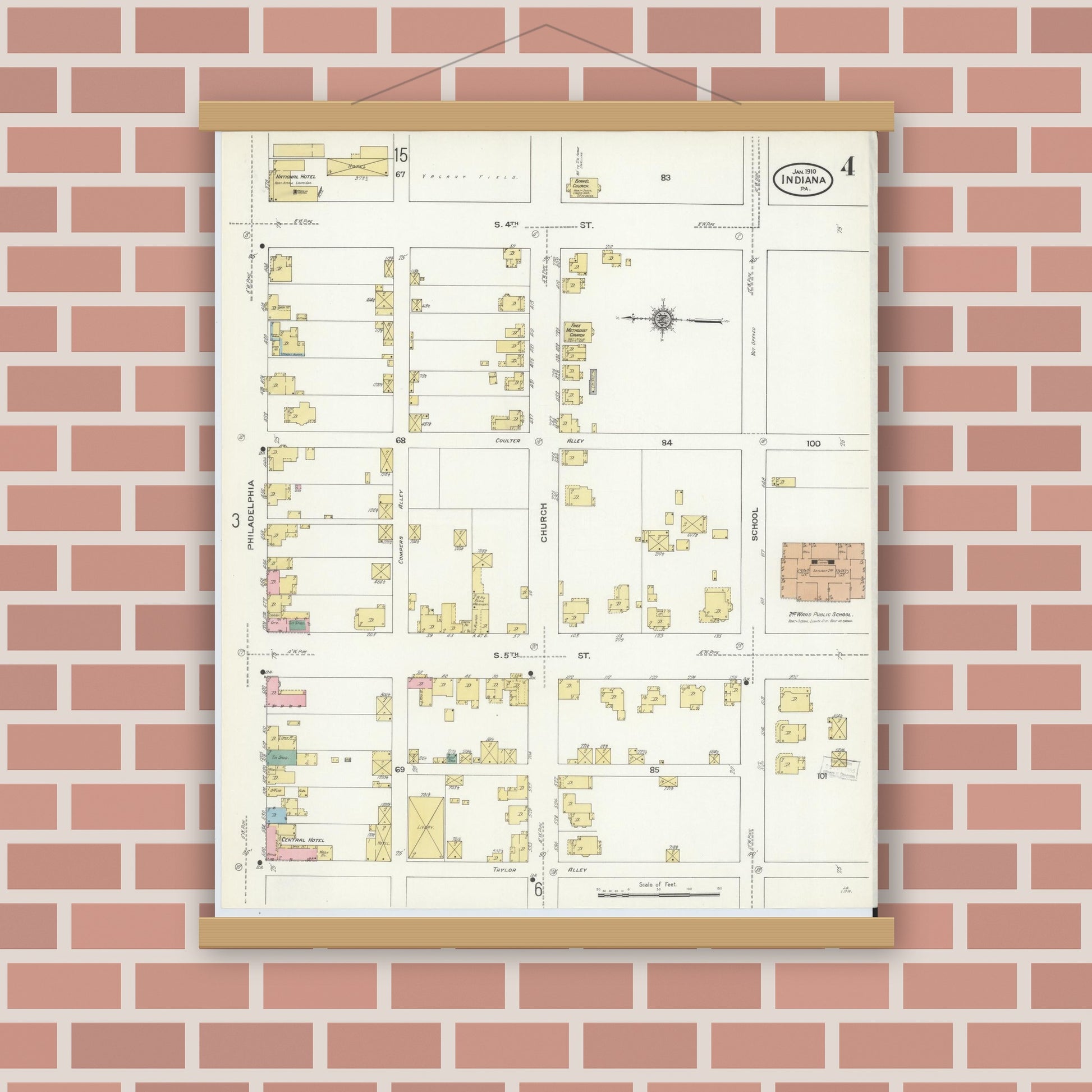 Old map wall art mockup — magnetic wood frame on brick wall — Sanborn Fire Insurance Map from Indiana, Indiana County, Pennsylvania (1910), Sheet #0004