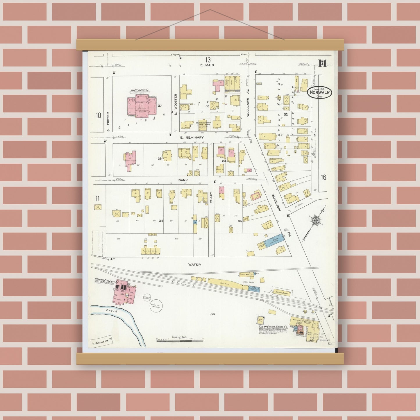 Old map wall art mockup — magnetic wood frame on brick wall — Sanborn Fire Insurance Map from Norwalk, Huron County, Ohio (1911), Sheet #0014